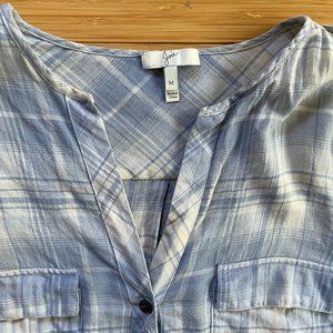 Joie Aleta Plaid Band Collar Button Up V-neck Shirt